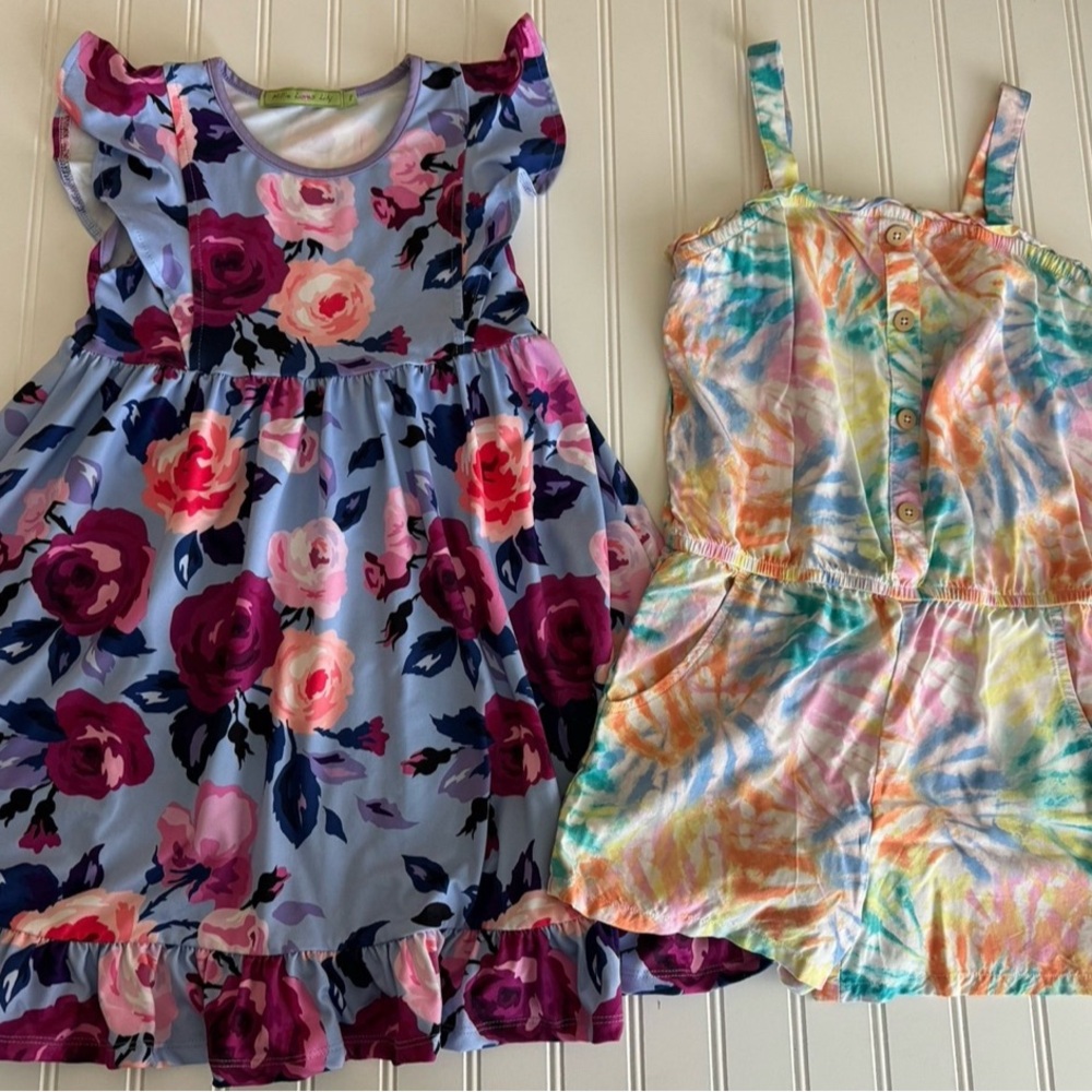 Girls Floral Dress and Tie-Dye Romper Set